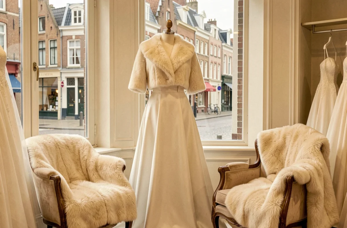 Robe de mariée accompagnée d'une étole en fourrure exposée dans la boutique Fourrures Nicolas à Lille