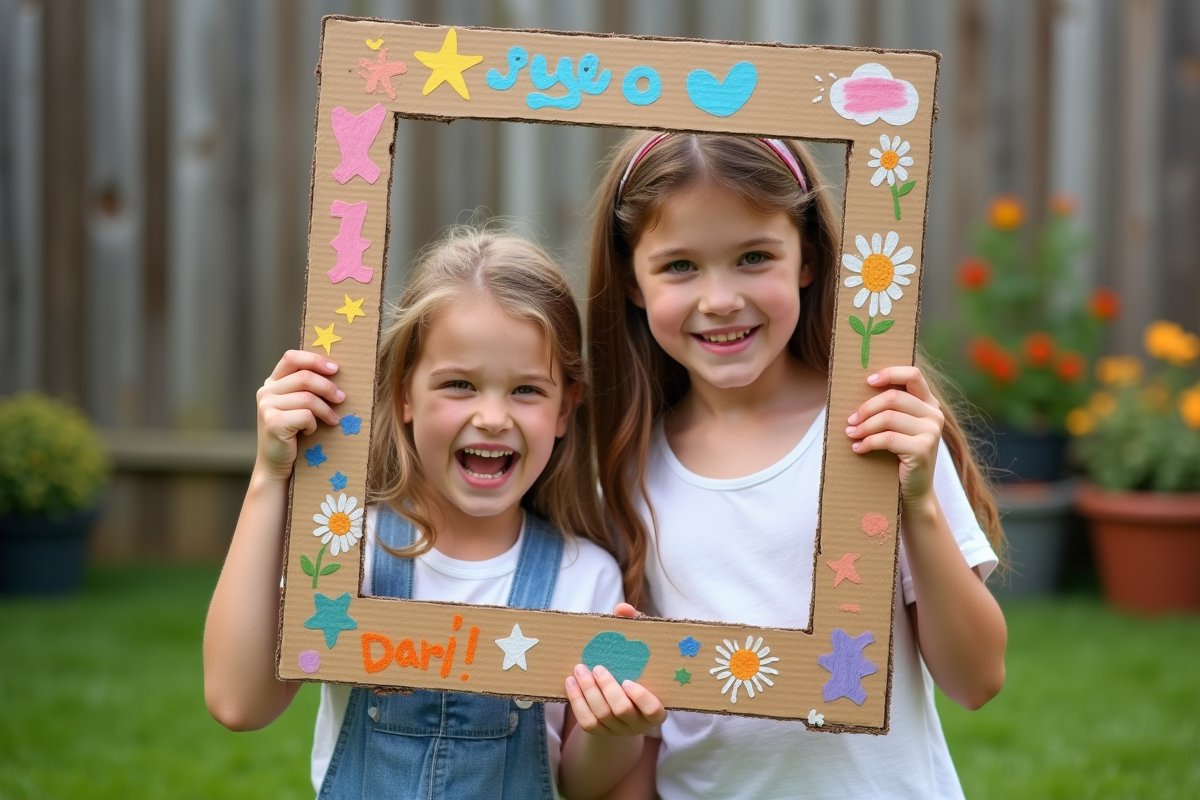 Frère et sœur avec un photobooth coloré dans un jardin en plein air