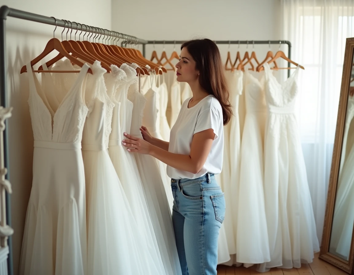 Future mariée comparant des robes de mariée pas chères sur un portant dans une boutique de robes de mariage abordable
