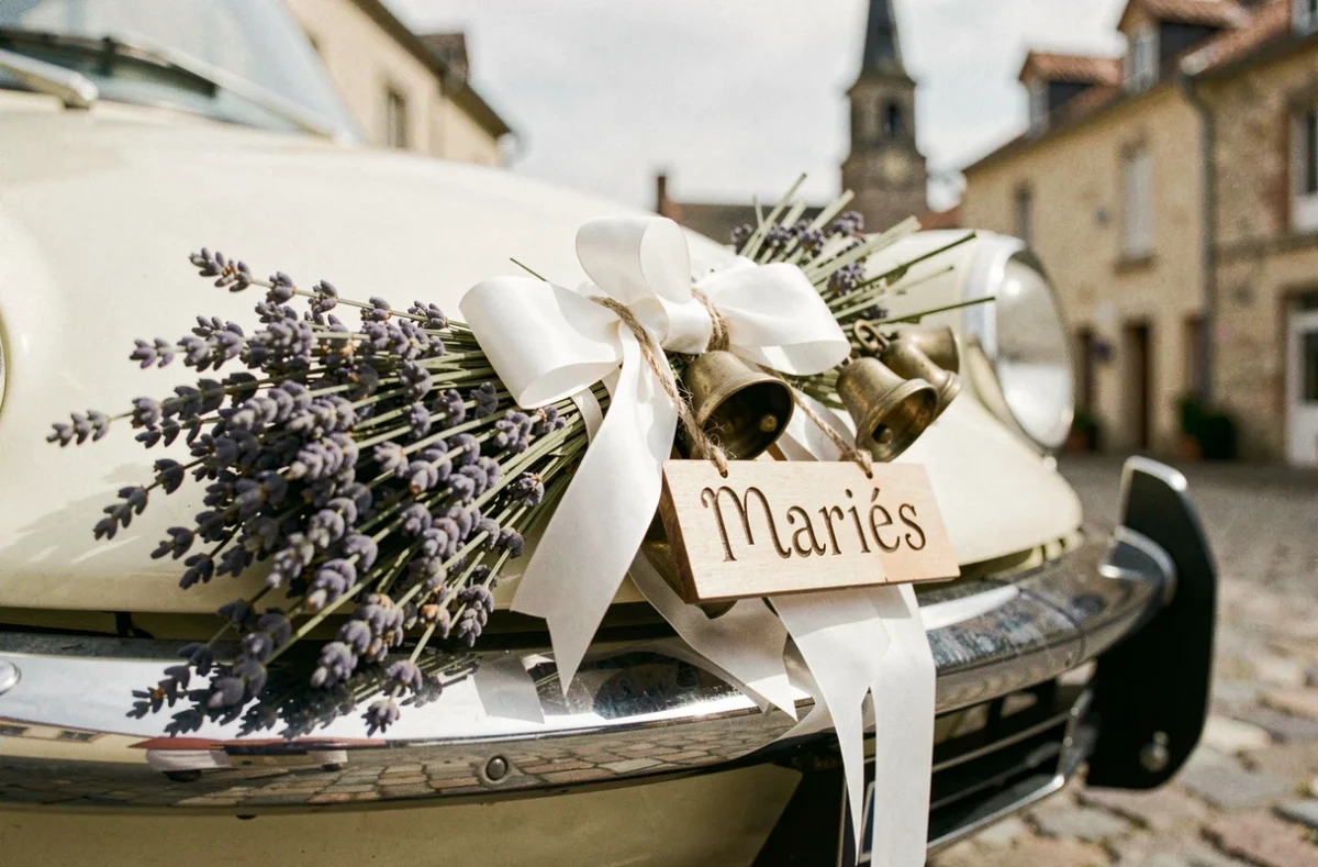 Gros plan sur les décorations artisanales du balai de voiture mariage avec rubans en satin, lavande séchée et clochettes en laiton sur une Citroën DS