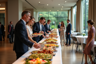 Groupe d'adultes souriants près d'un buffet lors d'une réception