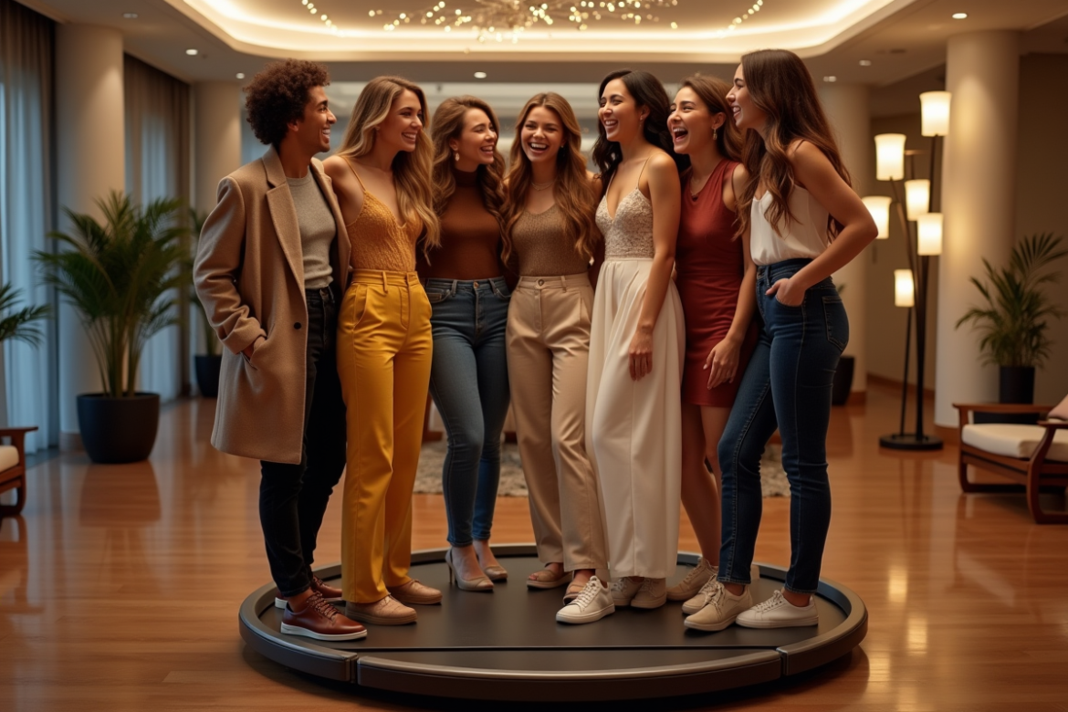 Groupe de jeunes adultes souriants autour d'un photobooth 360 lors d'un événement élégant