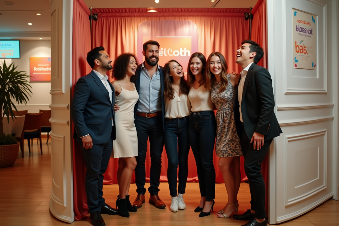 Jeunes adultes souriants devant un photobooth moderne lors d'un événement