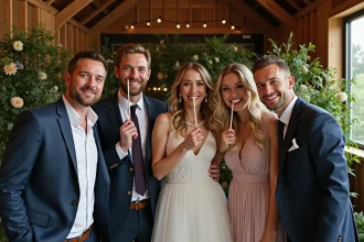 Groupe d'invites de mariage souriants dans une grange moderne