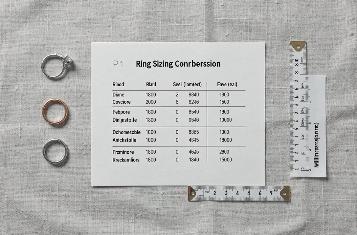 Guide de conversion des tailles de bagues avec tableau de correspondance, règle et bagues variées en vue de dessus