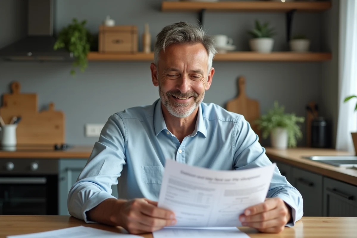 Homme lit un contrat de location de voiture dans sa cuisine