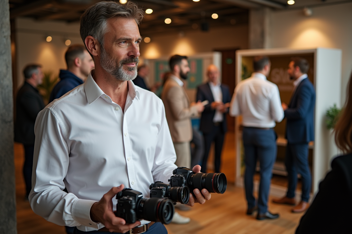 Homme montrant des objectifs photo à un groupe lors d