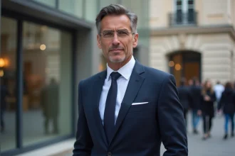 Homme élégant en costume bleu marine devant un immeuble parisien moderne, style journaliste TV célèbre