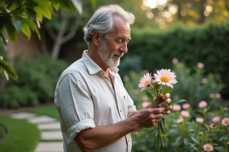 Homme d'âge moyen dans un jardin verdoyant examine une fleur