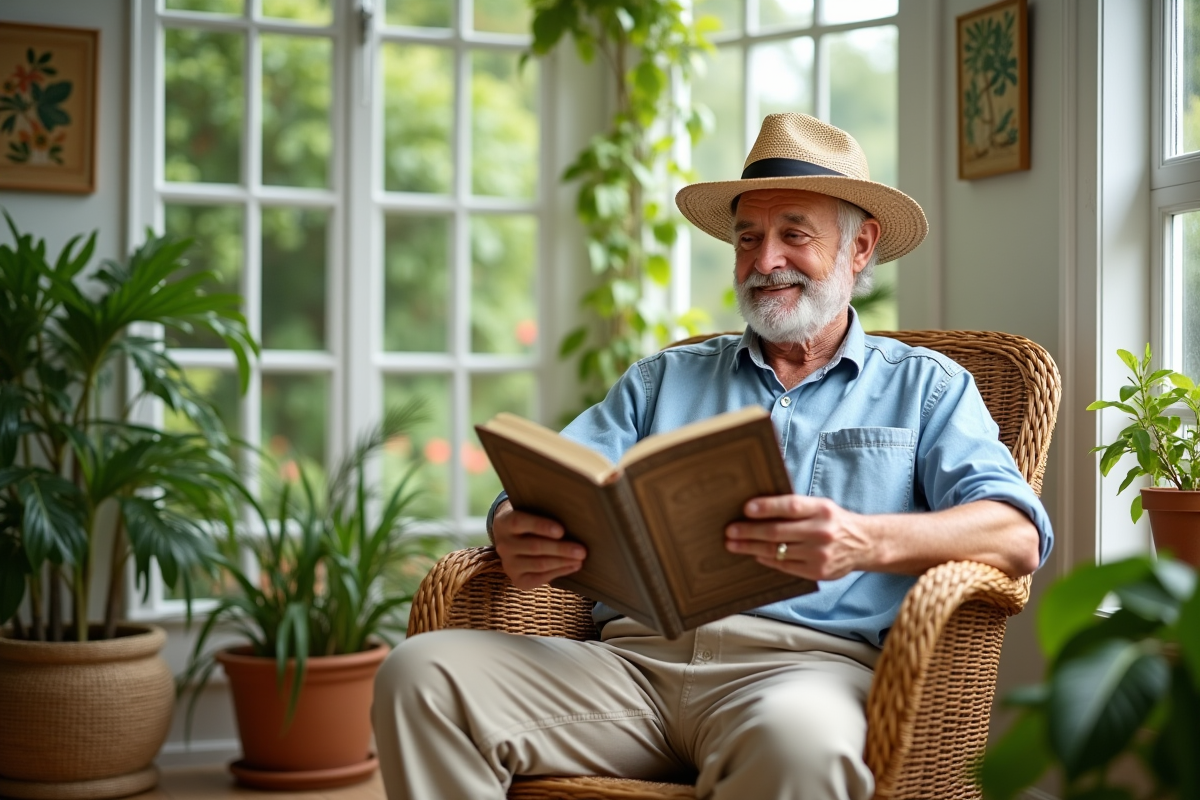 Homme âgé dans un salon de jardin avec livre de jardinage