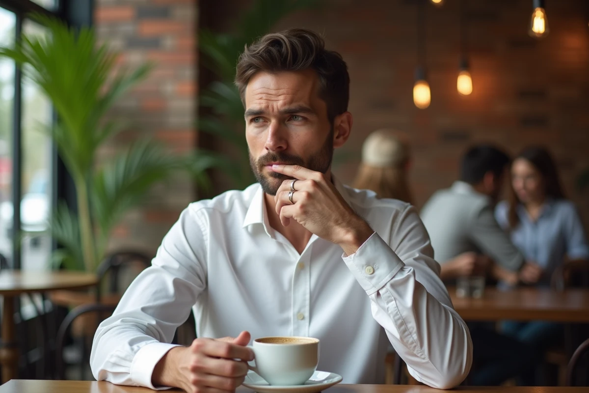 Homme marié en réflexion dans un café authentique