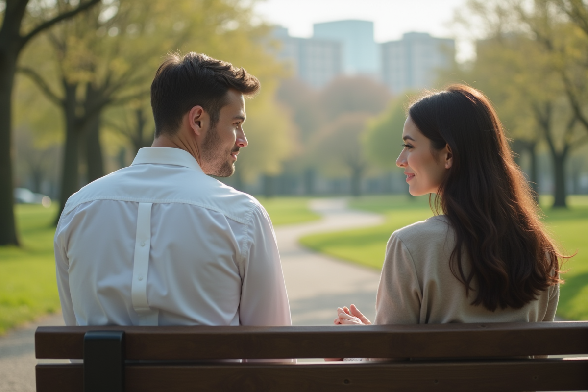 Homme expliquant ses sentiments à une femme dans un parc