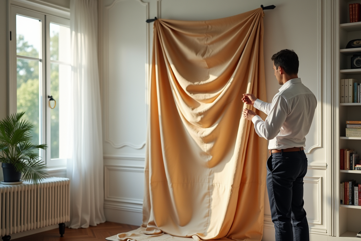 Homme pinçant un textile dans un bureau lumineux
