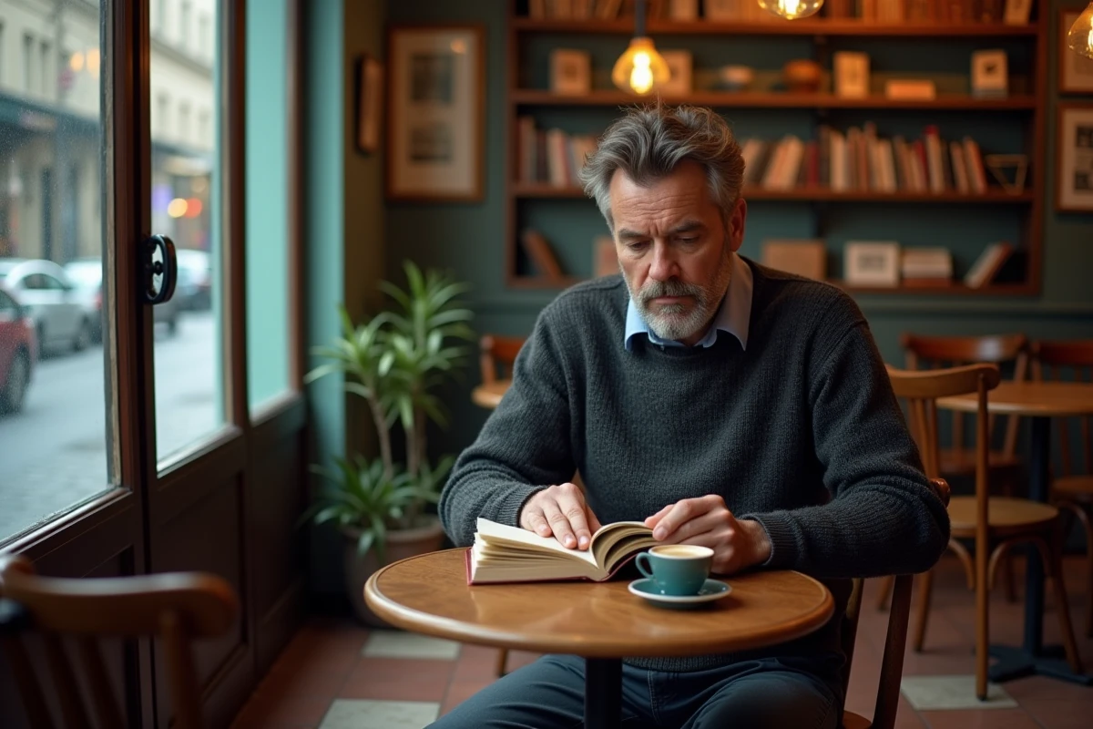 Homme cultivé et réservé seul dans un café parisien, symbolisant la discrétion de la vie privée d'un homme politique