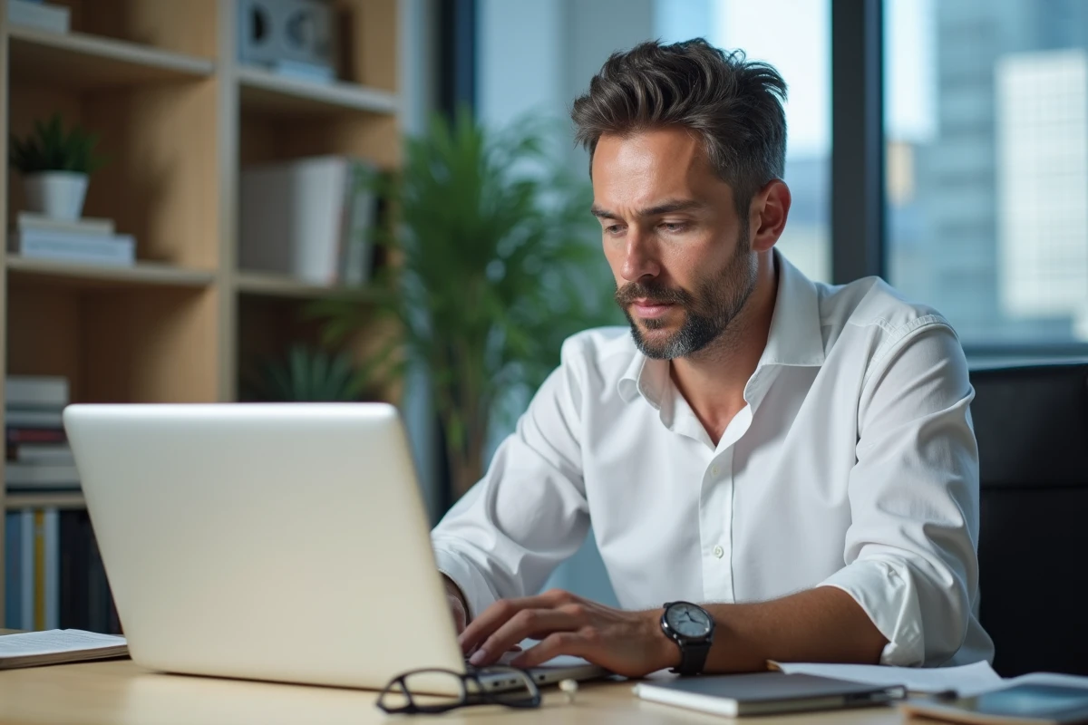 Homme professionnel analysant des profils sur un site de rencontre sélectif depuis son bureau à domicile