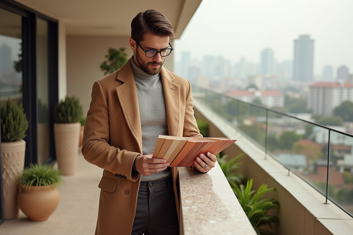 Homme en pull en cachemire regardant un fan de couleurs en rooftop