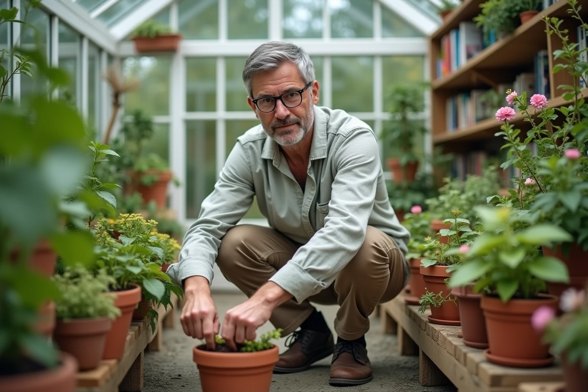 Homme en serre arrangeant des plantes en pots dans un intérieur verdoyant