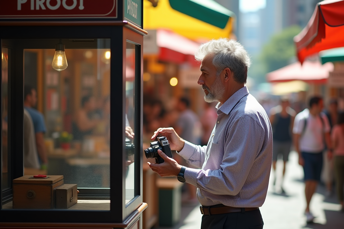 Homme ajustant un appareil photo vintage dans un marché animé