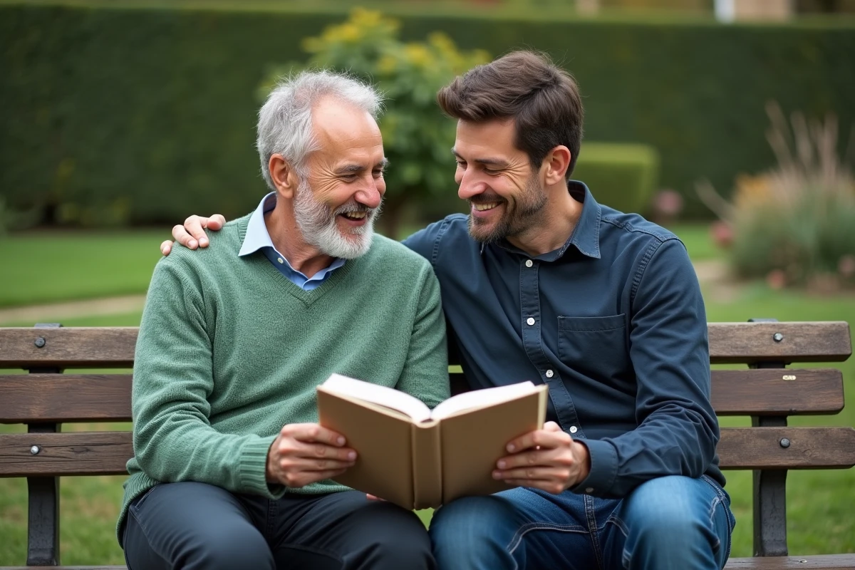 Deux hommes assis sur un banc dans un jardin français partageant un livre