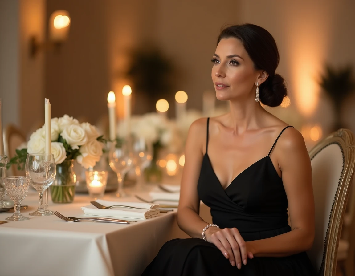 Invitée élégante en robe noire midi assise à une table de mariage décorée de fleurs blanches
