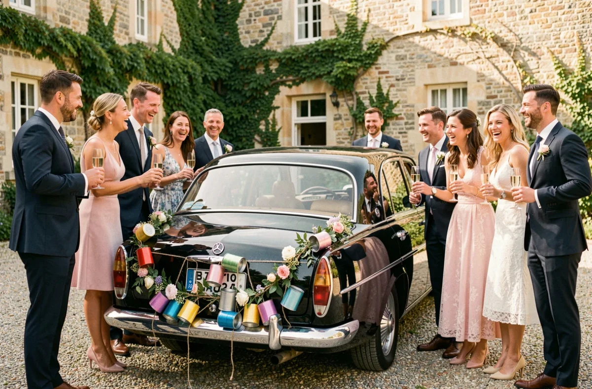 Invités d'un mariage attachant des boîtes de conserve et des guirlandes florales au balai de voiture dans une cour de château