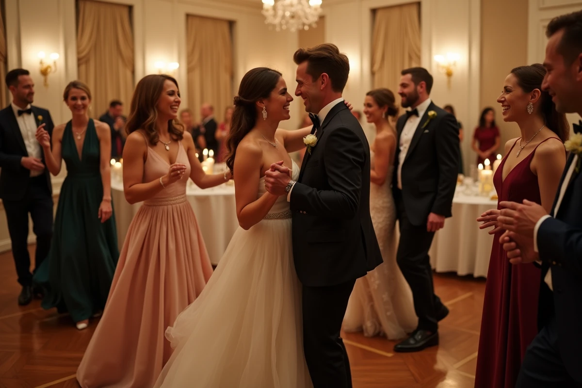 Invités de mariage passant du slow à la danse festive sur la piste d'entrée de la salle de réception
