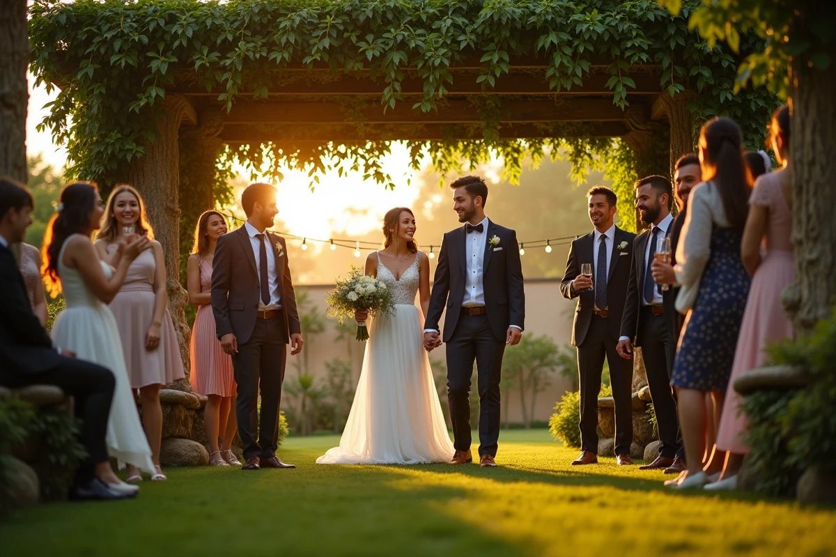 Jeu de mariage en plein air avec le couple et amis