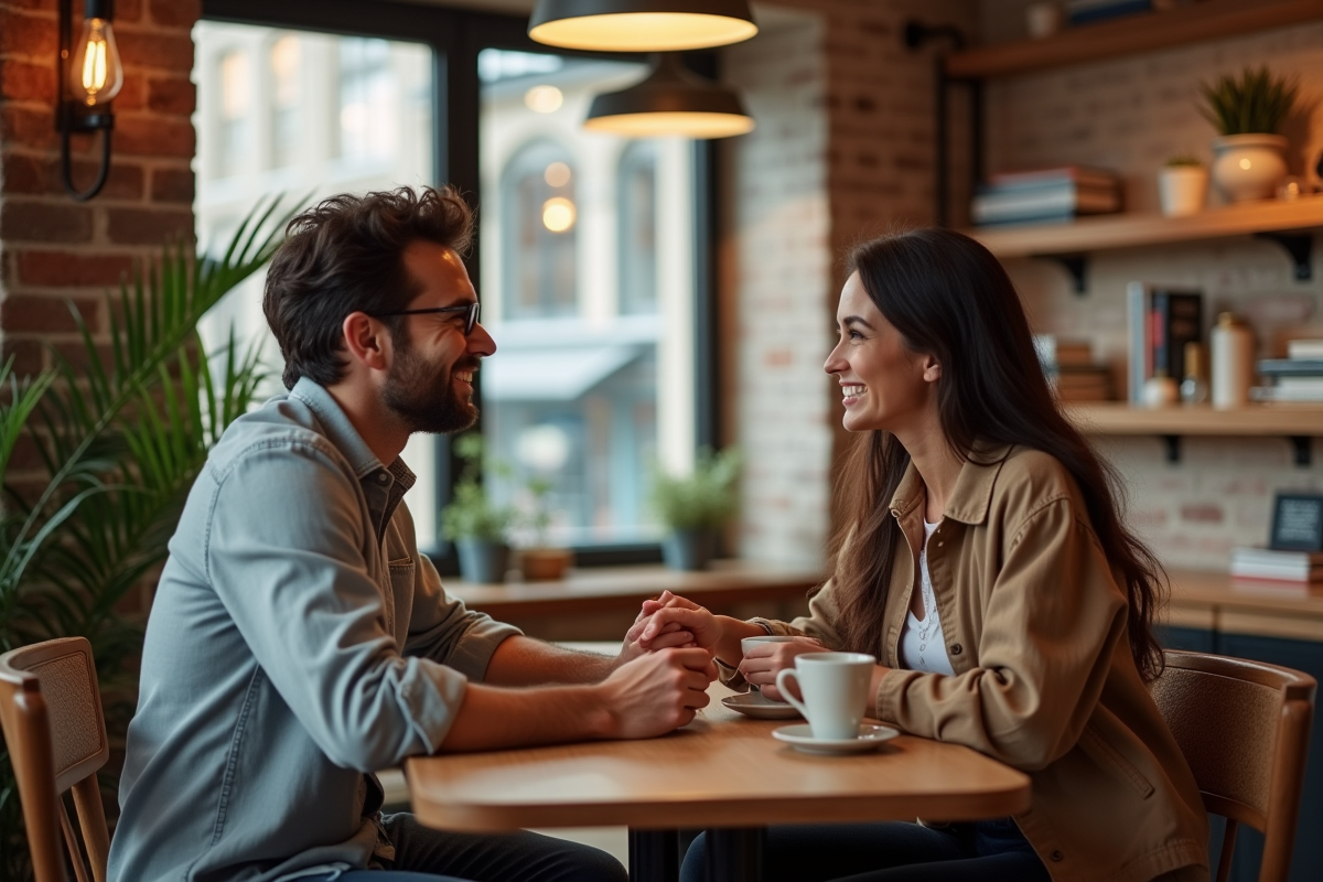 Jeune couple marié partageant un moment intime au café