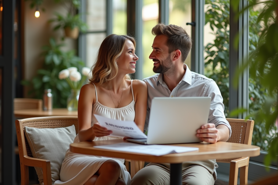 Jeune couple de mariés dans un café parisien en été