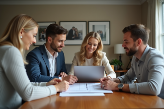 Jeune couple en famille discutant budget mariage