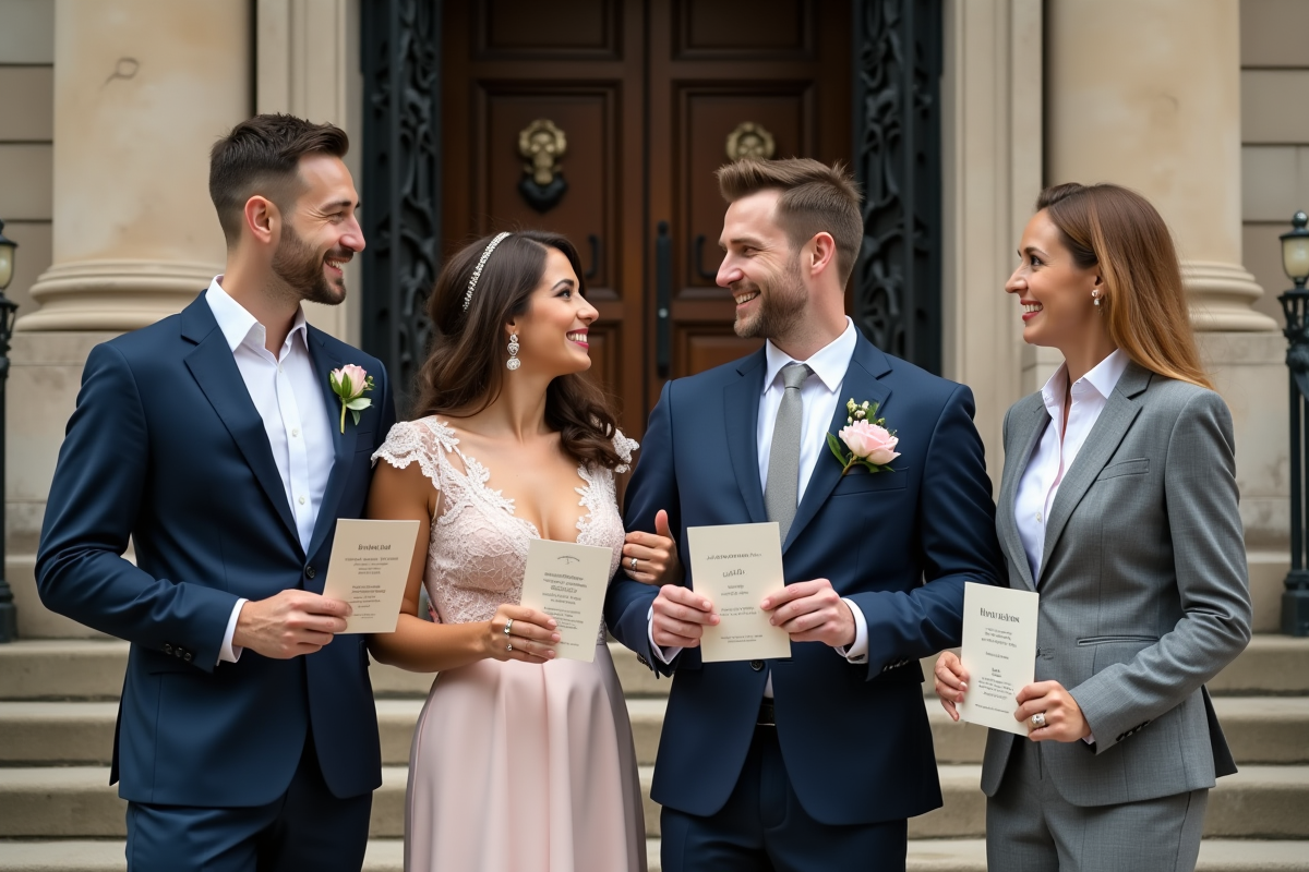 Jeune couple avec parents devant mairie en tenue formelle