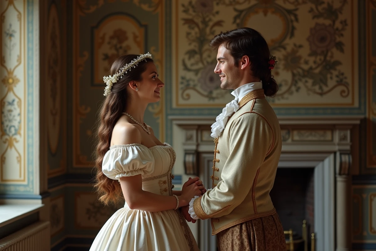 Jeune couple marié en costume d'époque échangeant un sourire