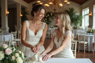 Jeune couple en mariage arrangeant des fleurs dans la salle