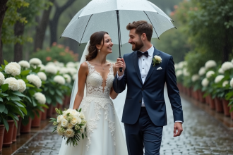 Jeune couple de mariés sous un parapluie dans la rue
