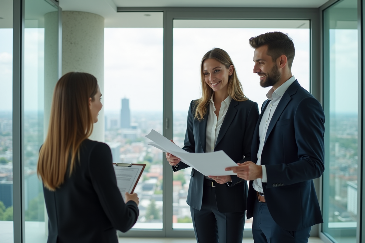 Un jeune couple consulte un notaire dans un bureau moderne avec vue urbaine