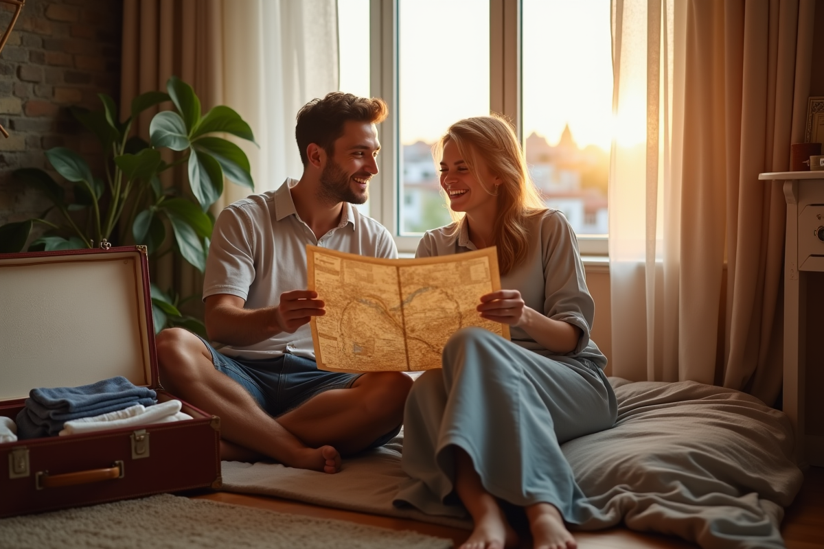 Jeune couple riant avec une carte dans une chambre chaleureuse