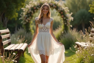 Jeune femme en robe de mariage bohème dans un jardin ensoleille