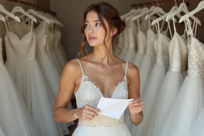Jeune femme inquiète en robe de mariage dans une boutique