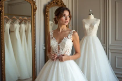 Jeune femme en robe de mariée examine la robe dans une boutique moderne