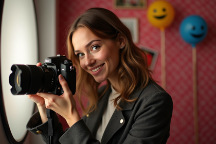 Jeune femme ajustant un appareil photo dans un stand photo