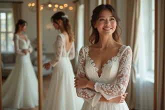 Jeune femme en robe de mariée en dentelle ajustée dans une boutique élégante