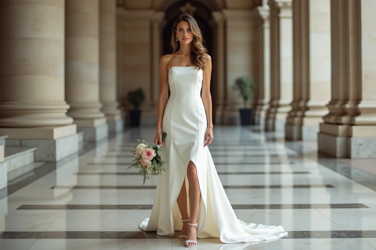 Femme en robe de mariage moderne dans un cadre urbain élégant