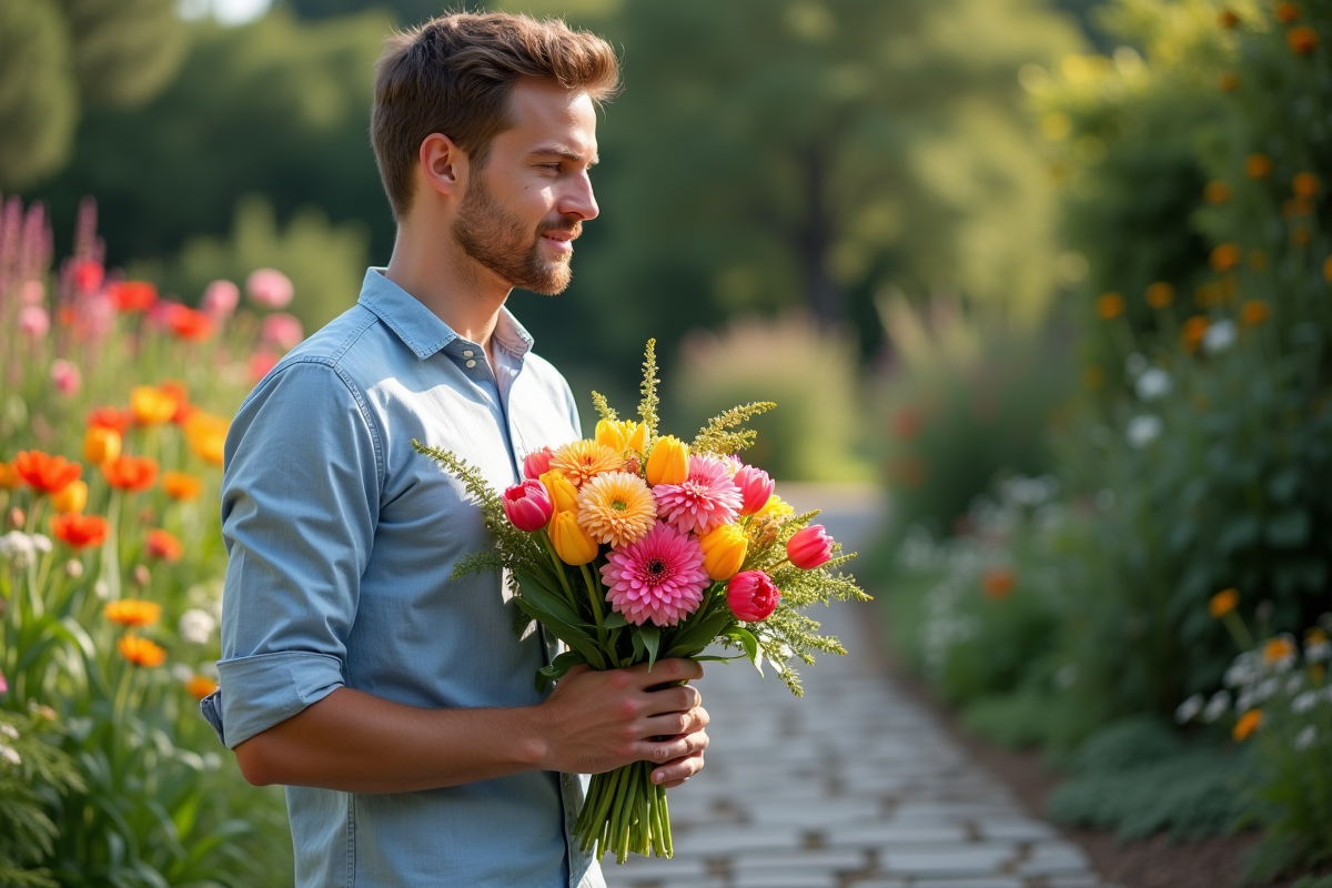 Jeune homme tenant un bouquet de tulipes dans un jardin verdoyant