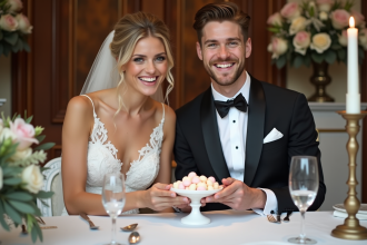 Jeune couple de mariés souriants avec dragées lors d'une réception