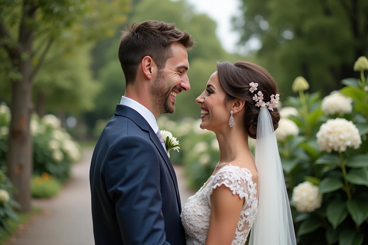 Jeune couple marié riant devant un photobooth extérieur