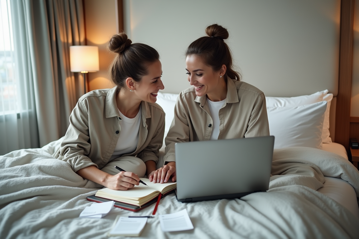 Jeunes mariés discutant avec un ordinateur dans leur chambre d