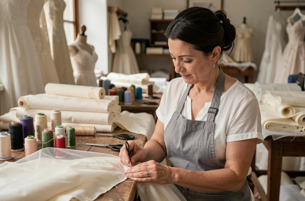 Couturière travaillant à la main sur une robe de mariée dans l'atelier de couture nuptiale Laetitia Couture dans le Nord