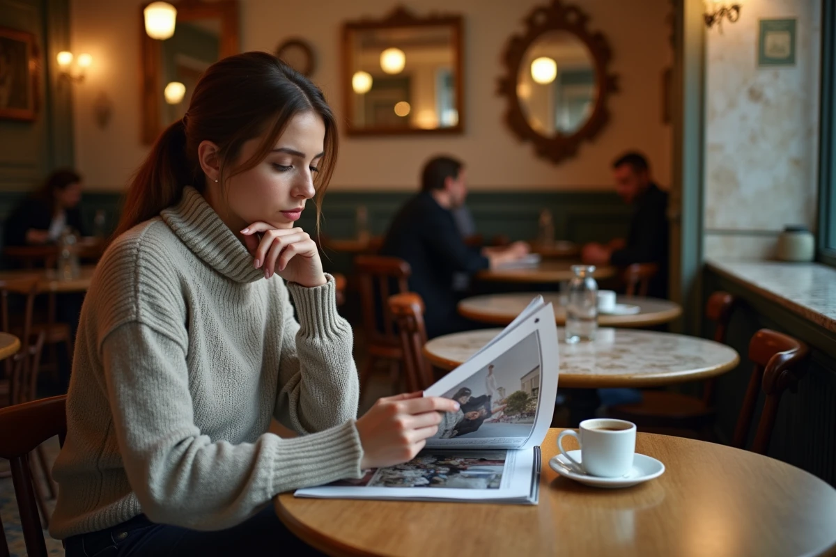 Personne lisant un magazine avec des photos de mariage d'un personnage public dans un café parisien, illustrant la question du voyeurisme médiatique