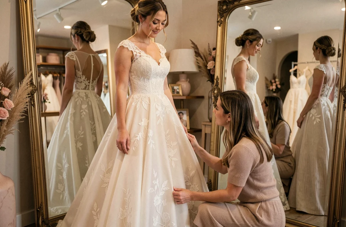 Future mariée essayant une robe de mariée en dentelle florale dans la boutique Les Mariés d'Amélie à Louvroil