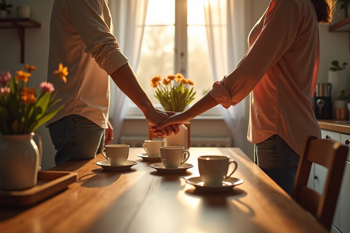 Couple se tenant la main dans la cuisine chaleureuse